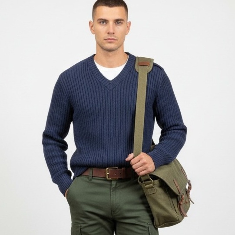 Citadel 100% Virgin Wool Military Sweater 44 Navy Rib‎ Knit Elbow Patches Men